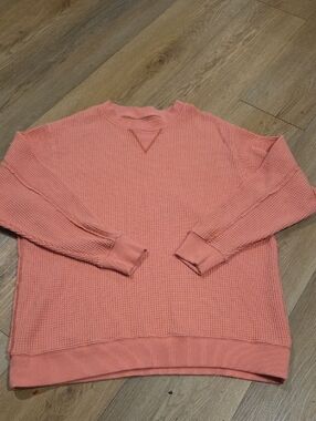 aerie Coral Pink Waffle Knit Crewneck Sweater